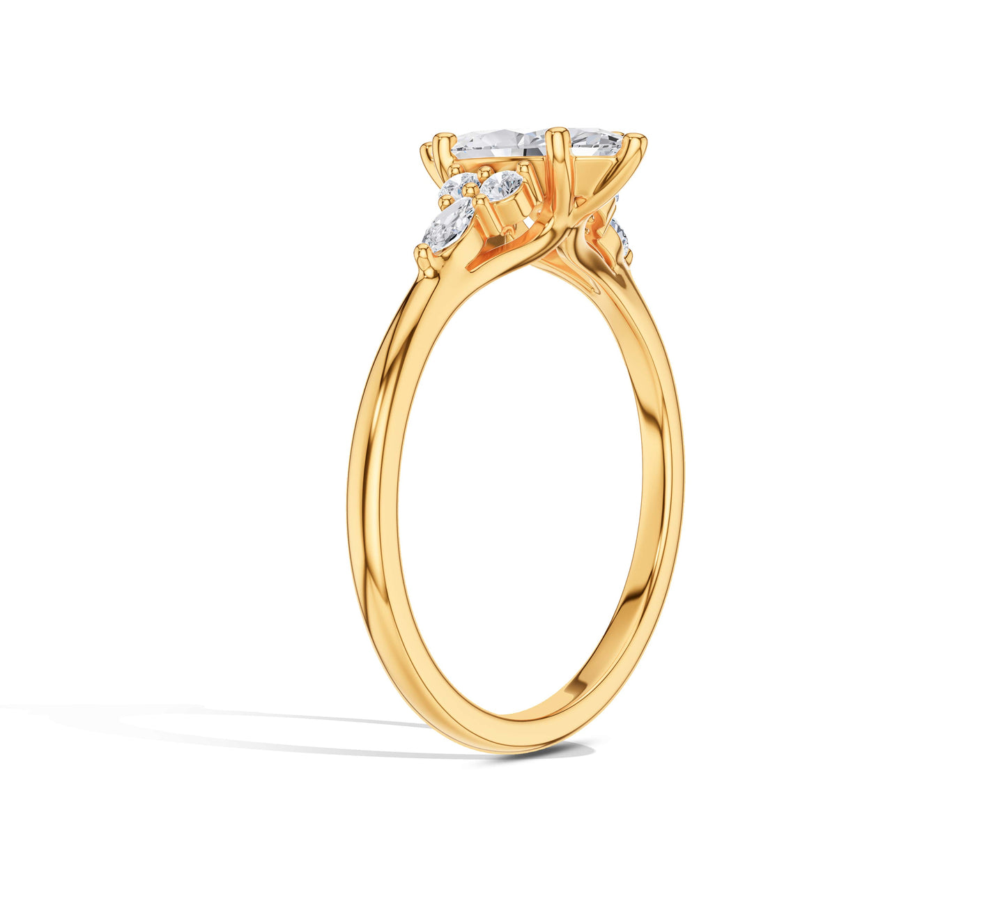 Unique yellow gold marquise cut engagement ring
