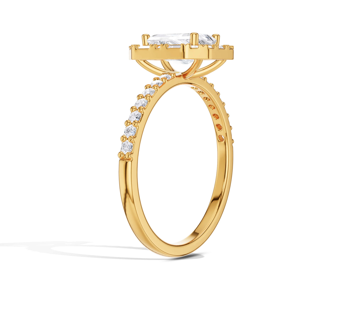 Yellow gold engagement ring with baguette and round halo diamonds
