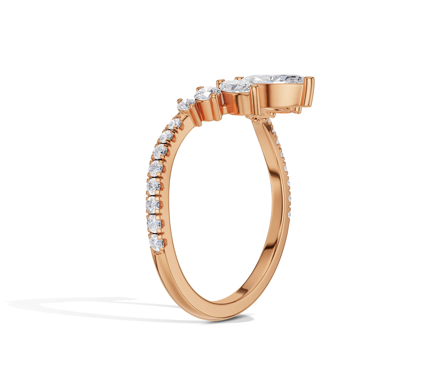 Sculptural wedding ring featuring asymmetric diamond layout
