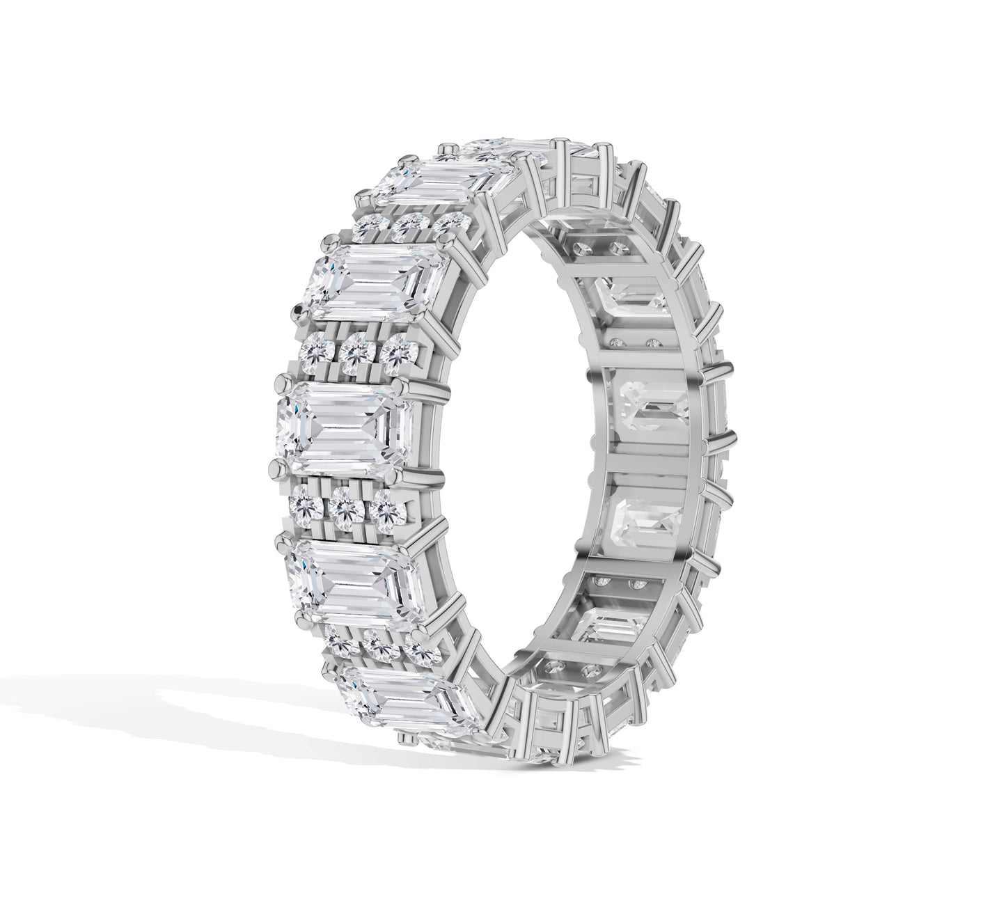 Sparkling full eternity band featuring emerald-cut diamonds in yellow gold