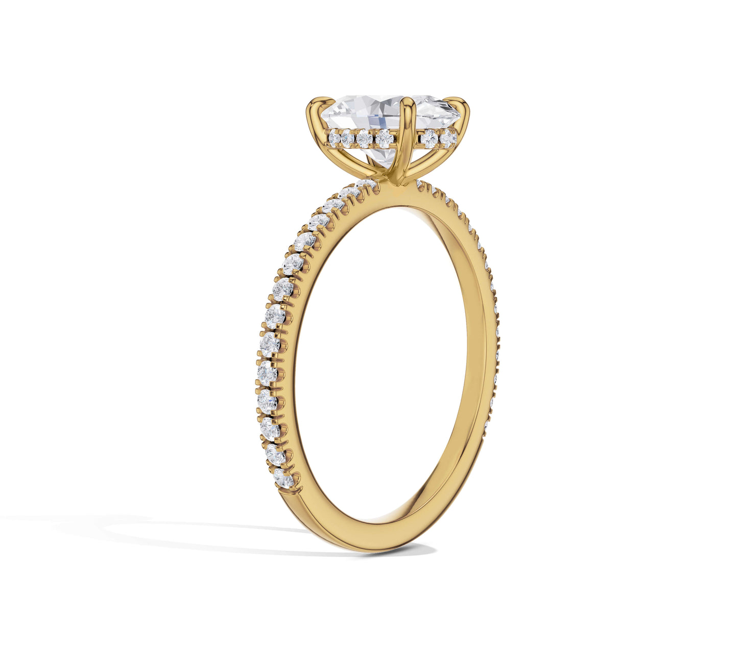 Sleek yellow gold band holding round brilliant center