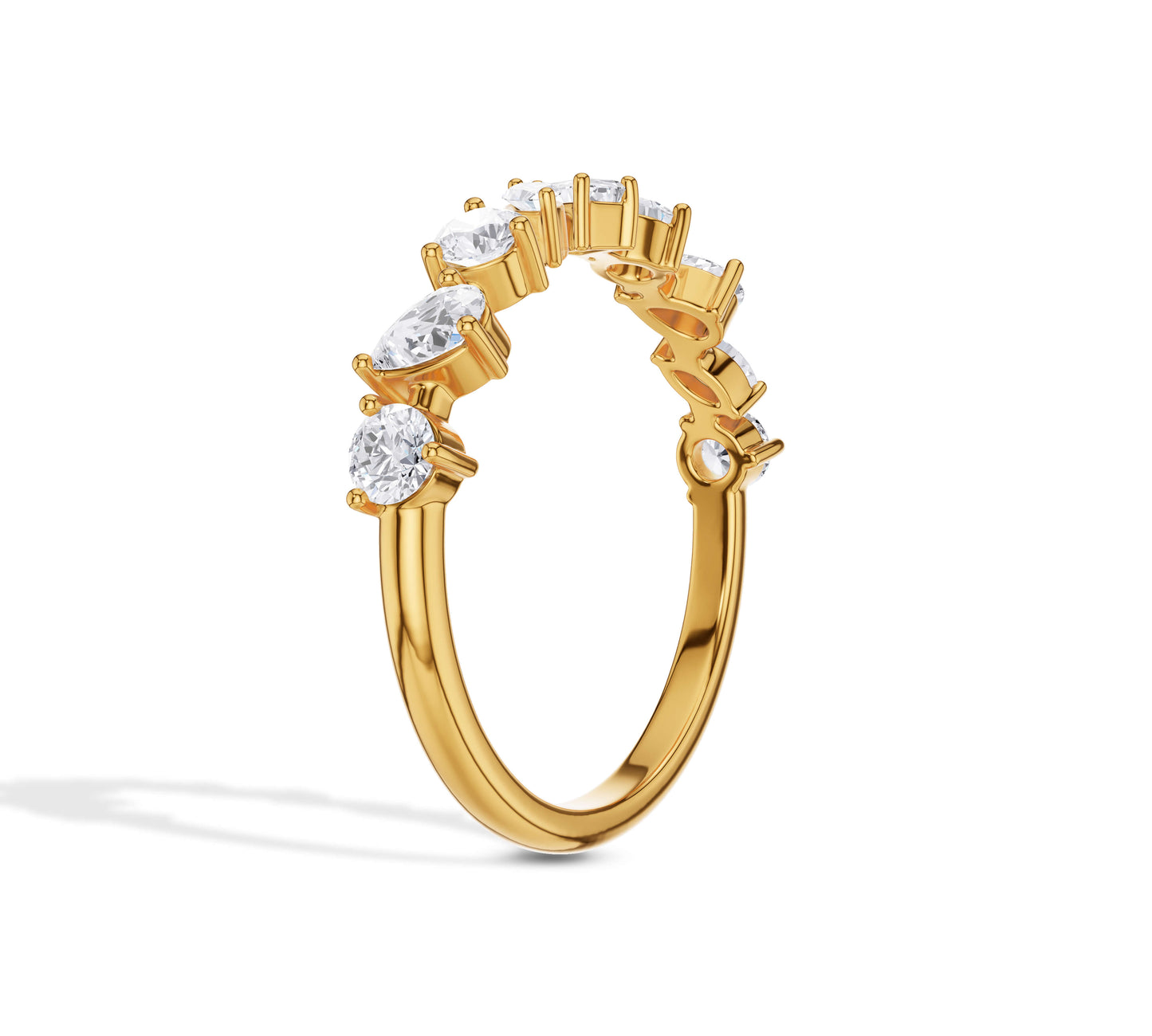 Unique diamond bar ring set in 14K yellow gold featuring assorted shapes
