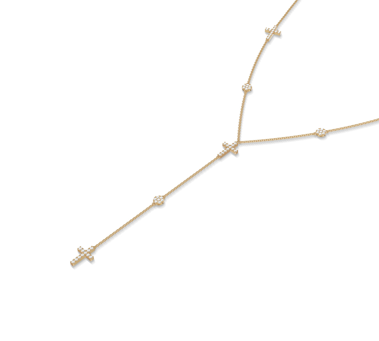 Minimalist yellow gold Y-necklace with diamonds and cross