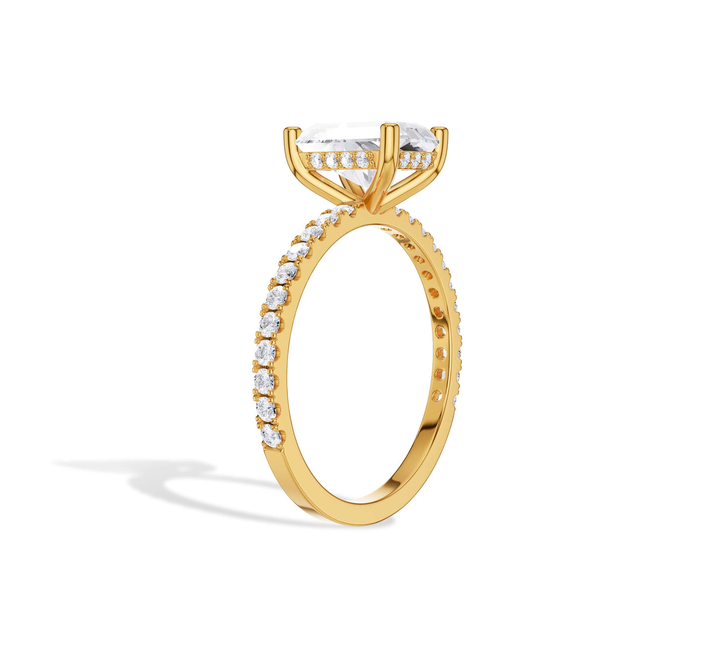 Yellow gold radiant diamond ring with pavé and hidden halo