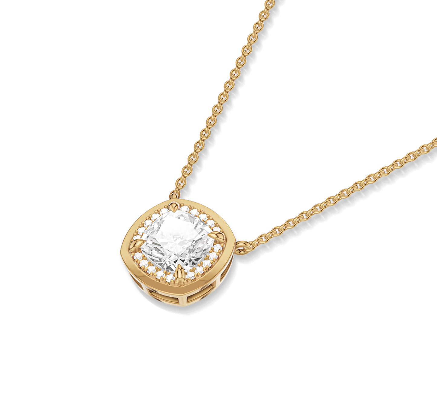 Cushion-shaped necklace with round diamond halo