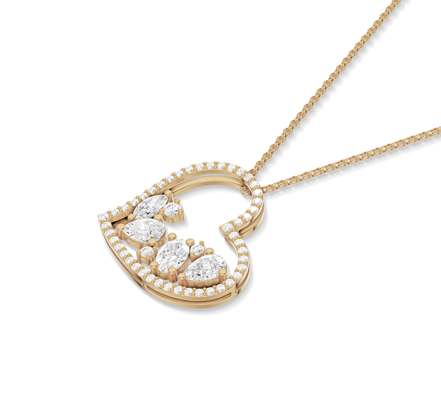 Yellow gold heart necklace with mixed-cut gems