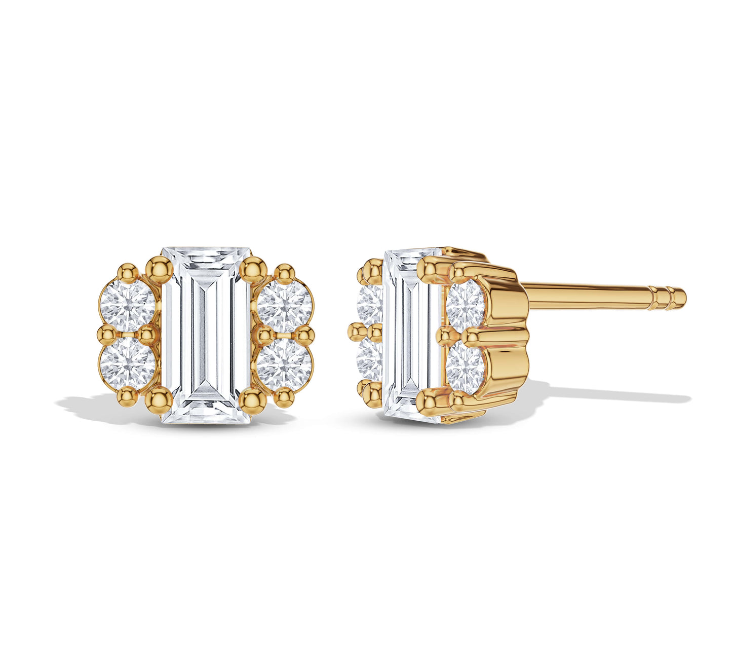 18K gold diamond stud earrings with baguette and rounds