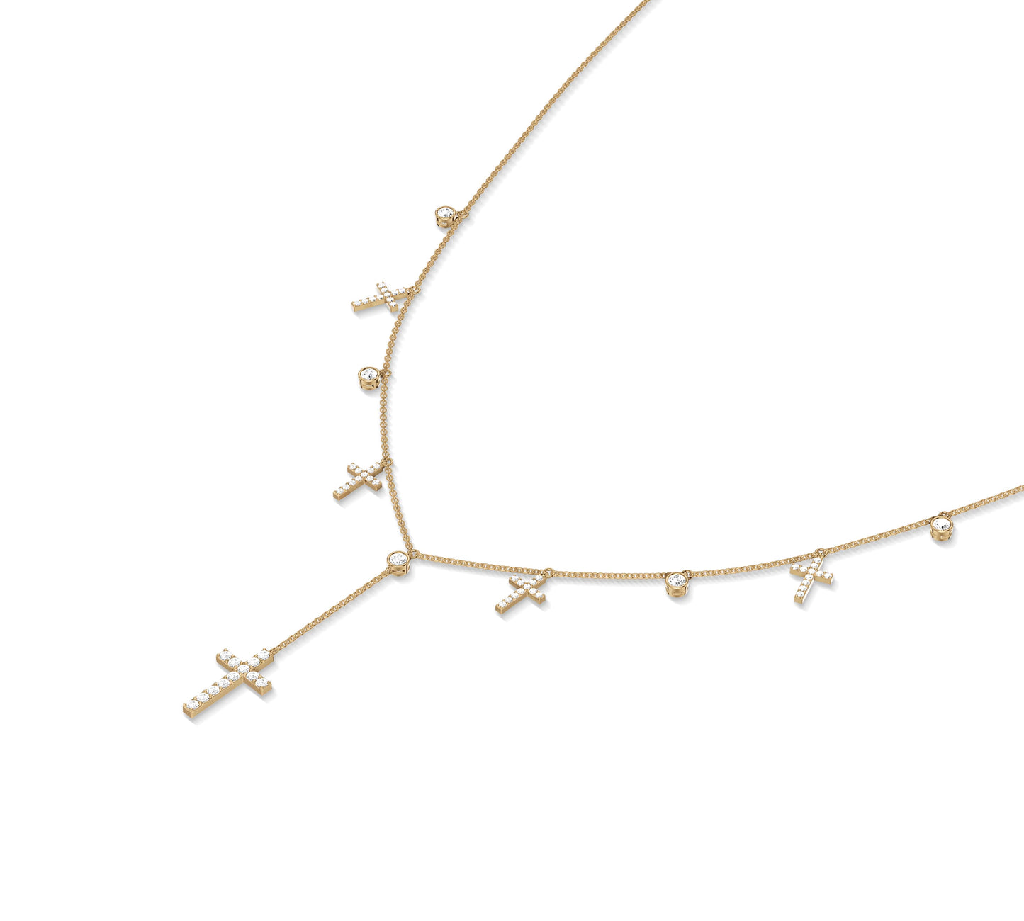 14K gold necklace with dangling cross and bezel diamonds