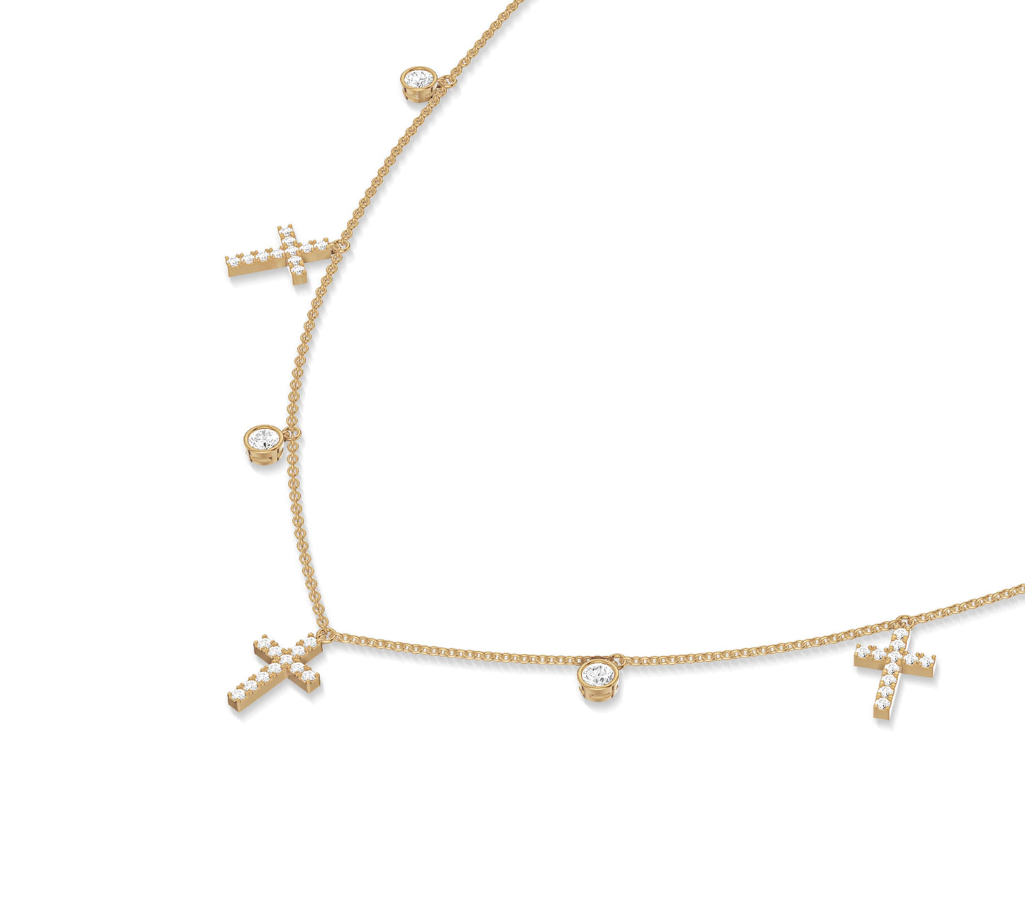14K yellow gold layered necklace featuring diamond crosses and drops