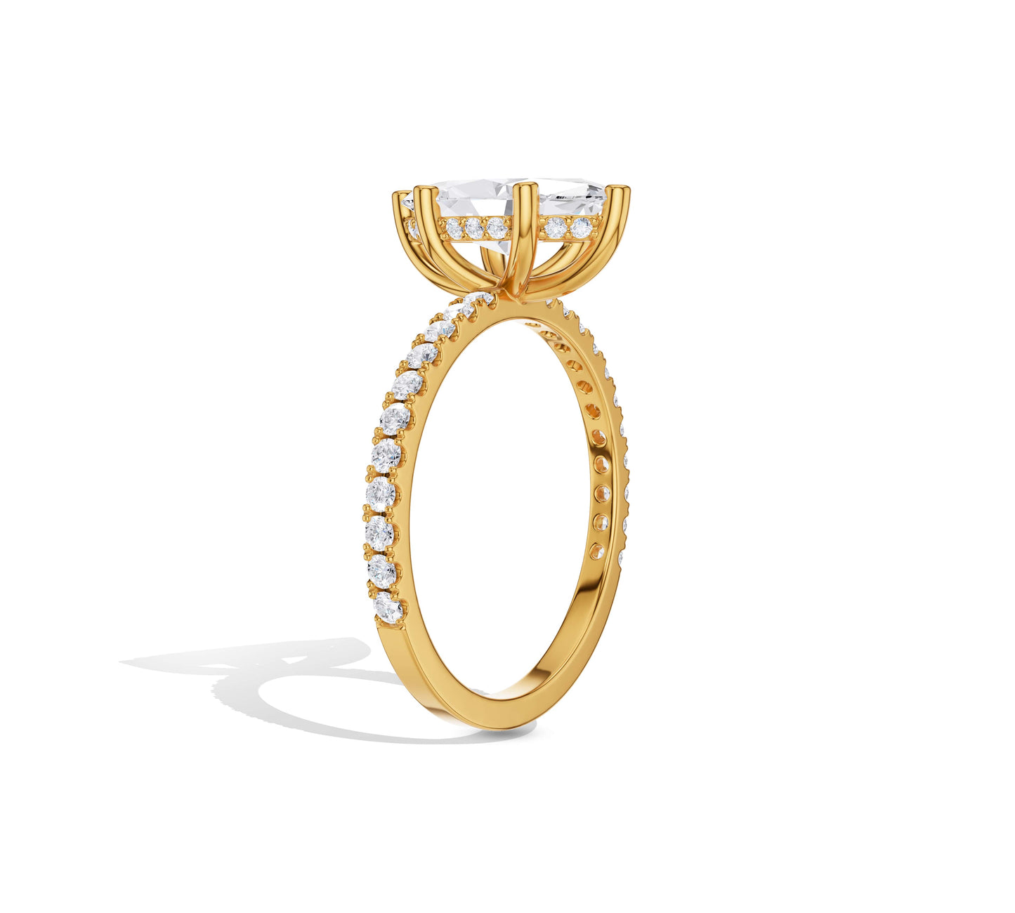 14K yellow gold hidden halo ring with marquise lab diamond