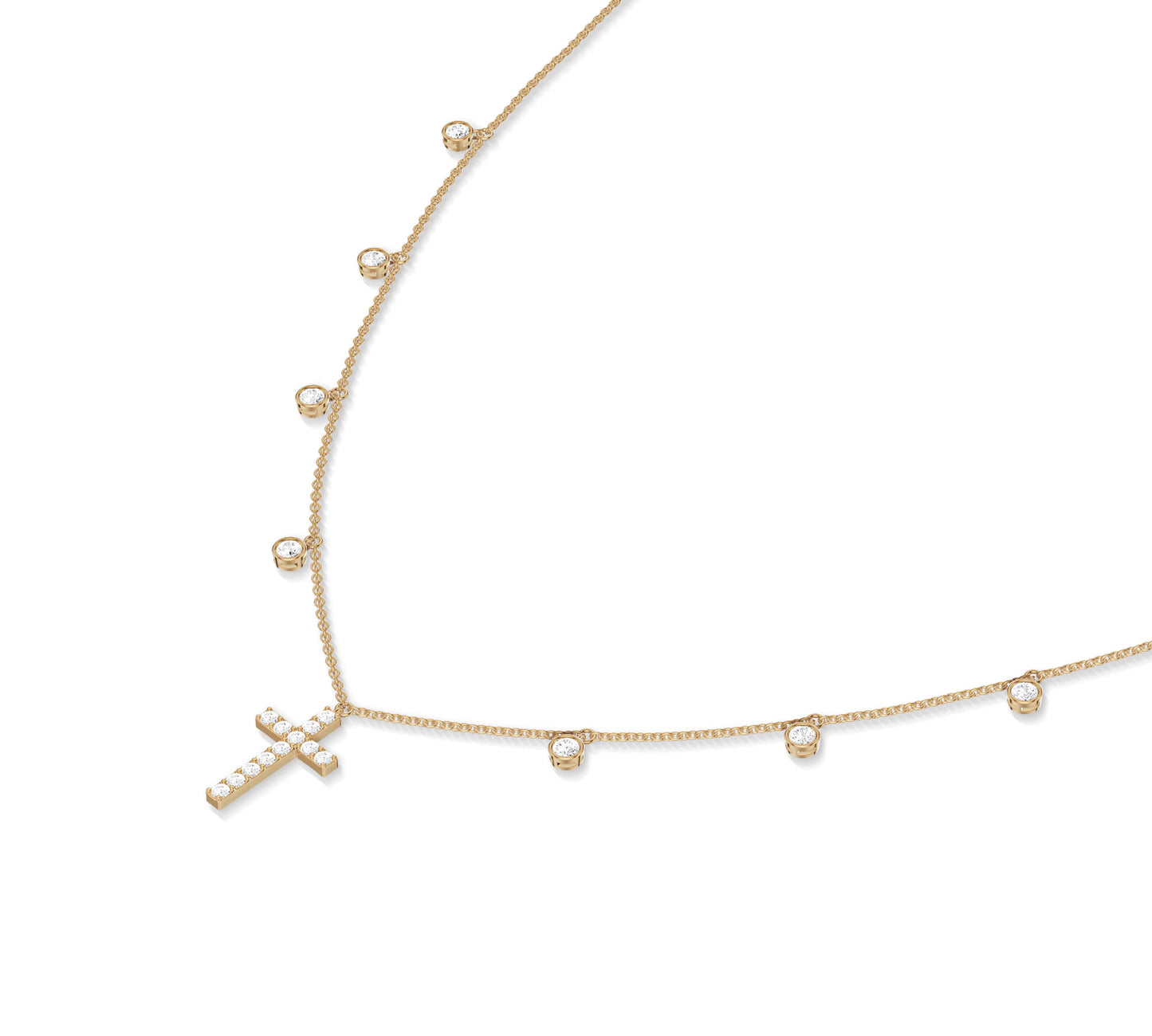 14K gold necklace with round bezel diamonds