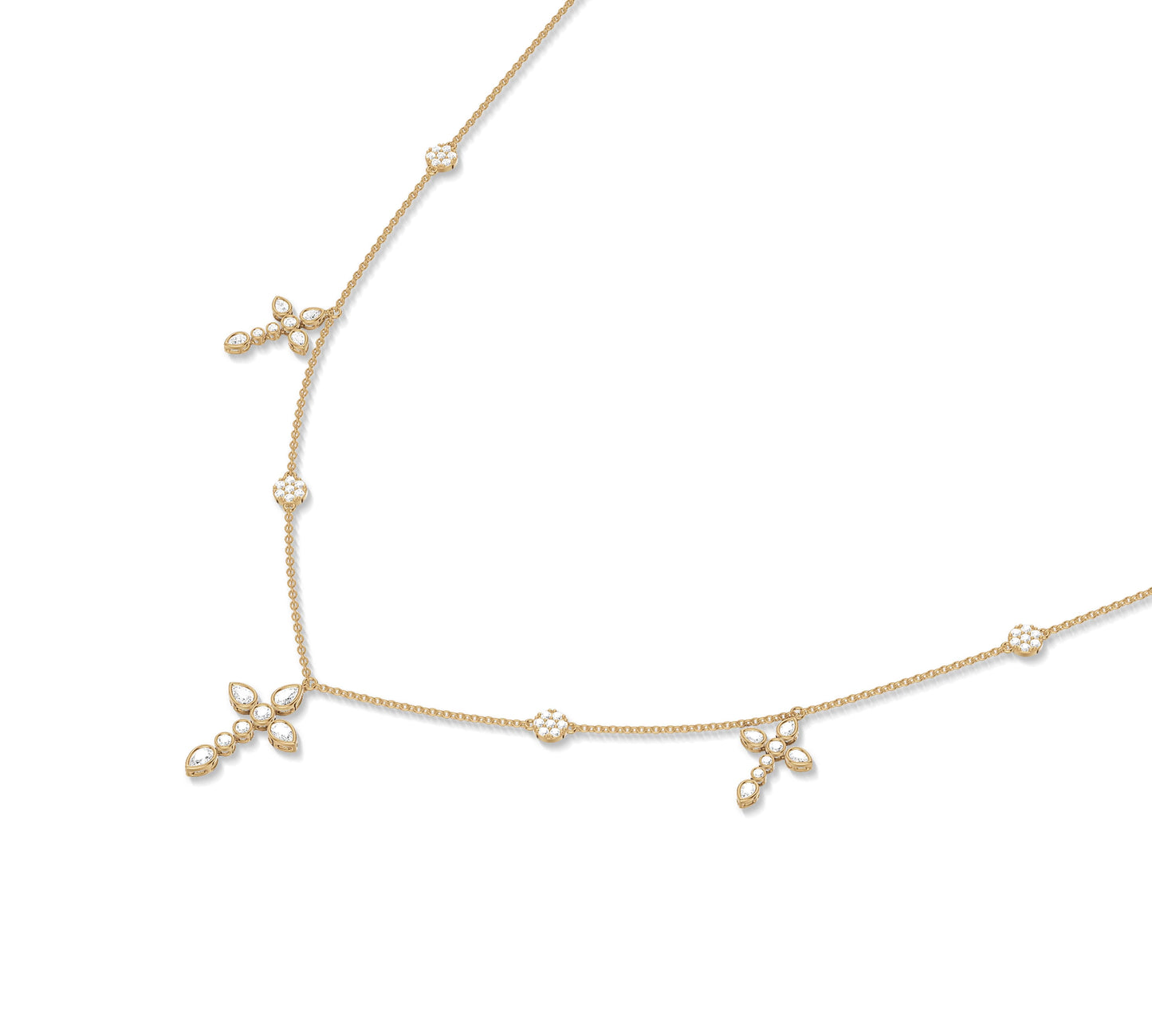 14K yellow gold floral cross necklace with pear-cut stones
