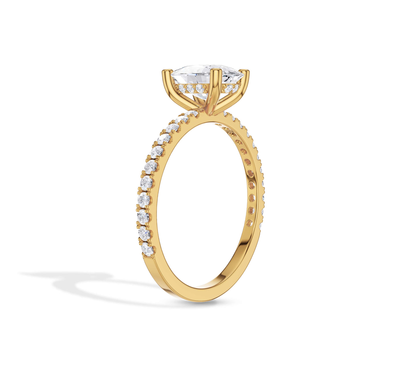 Yellow gold pavé band with elongated cushion lab diamond