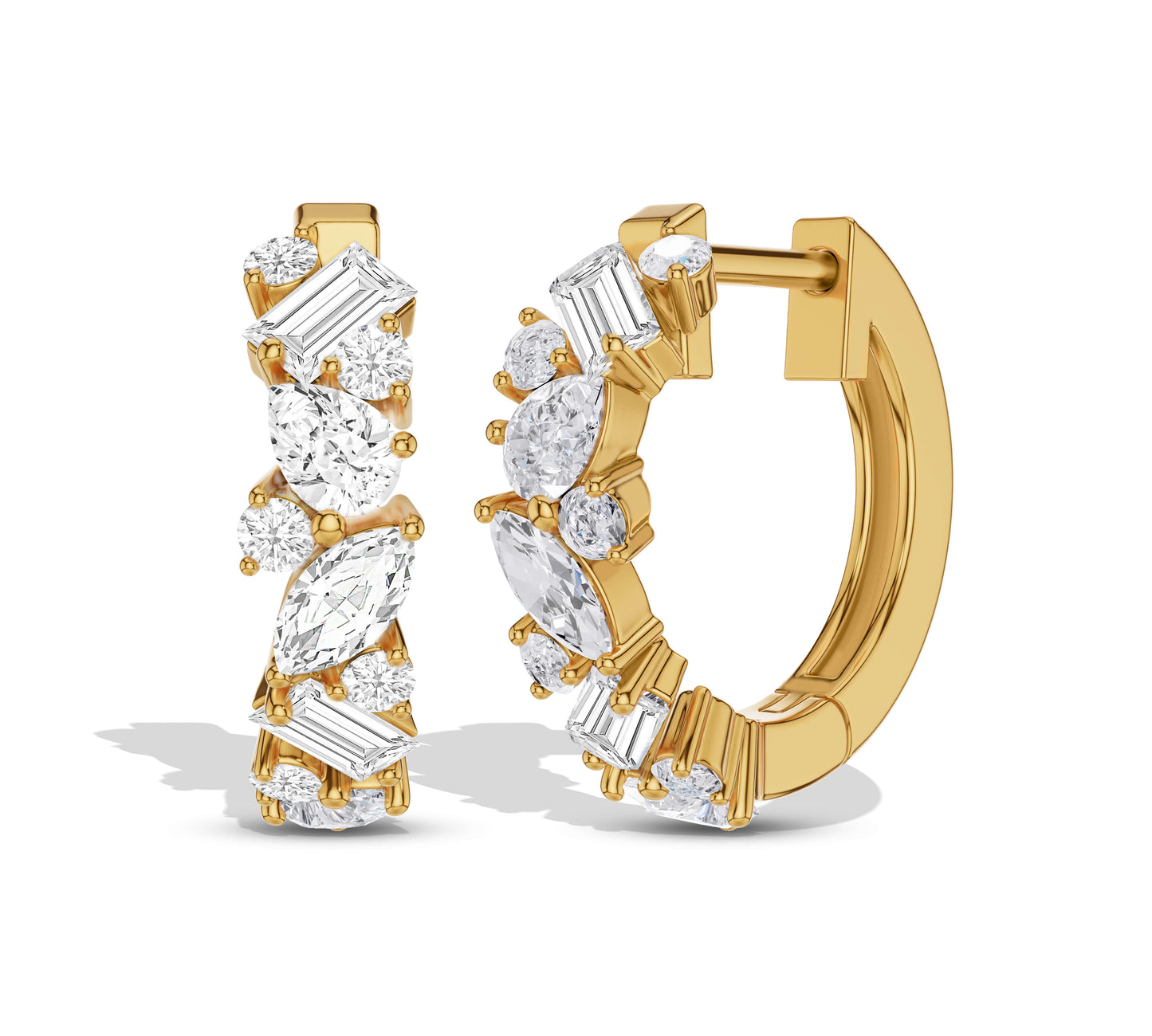 Mixed cut diamond huggies in yellow gold