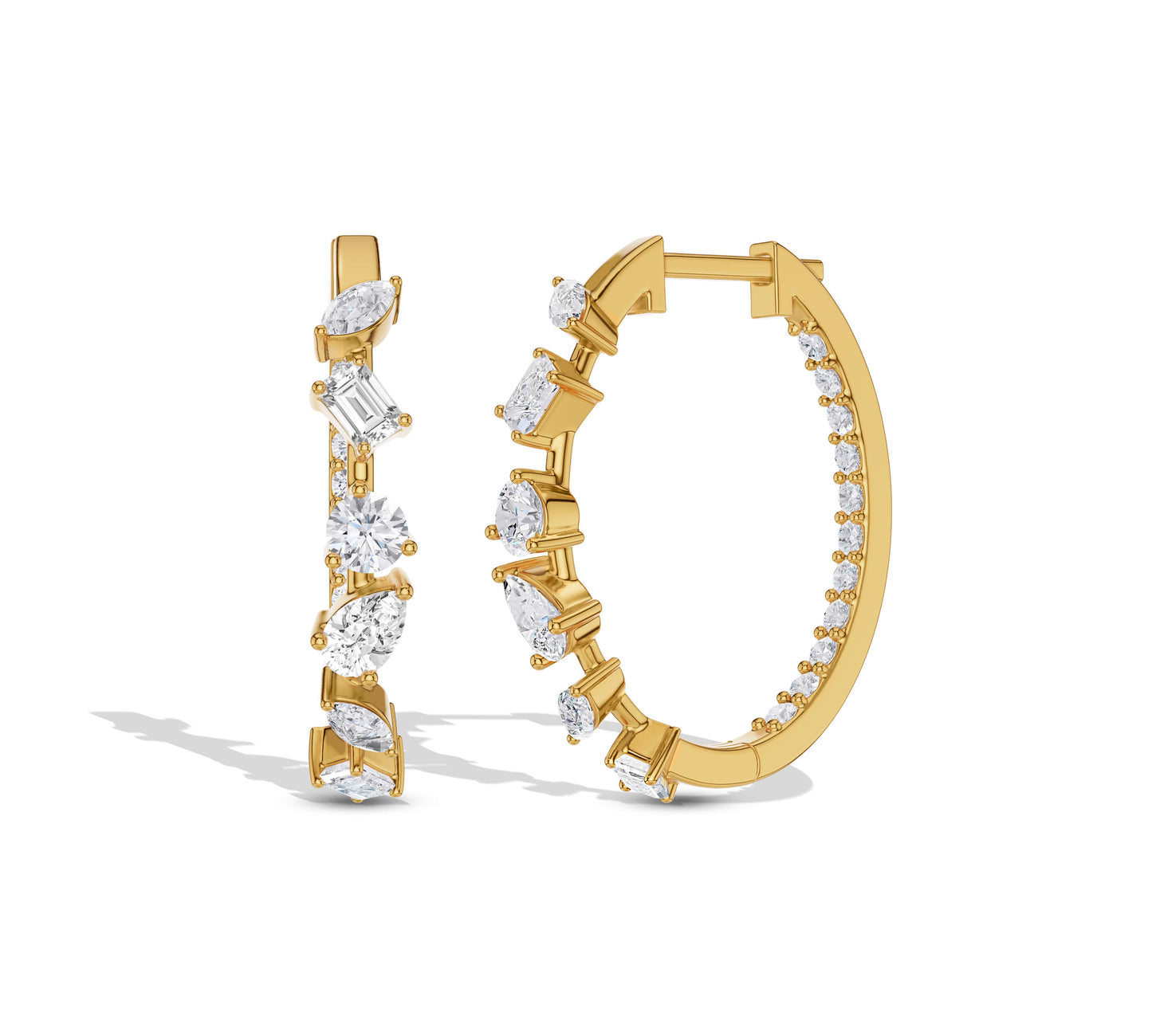 Side view of mixed-cut inside-out gold hoops