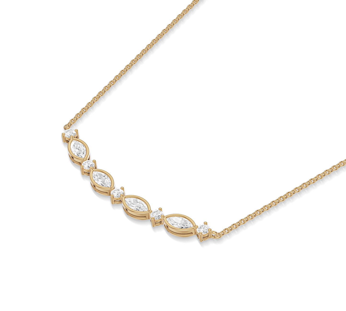 Designer gold bar necklace with unique marquise layout