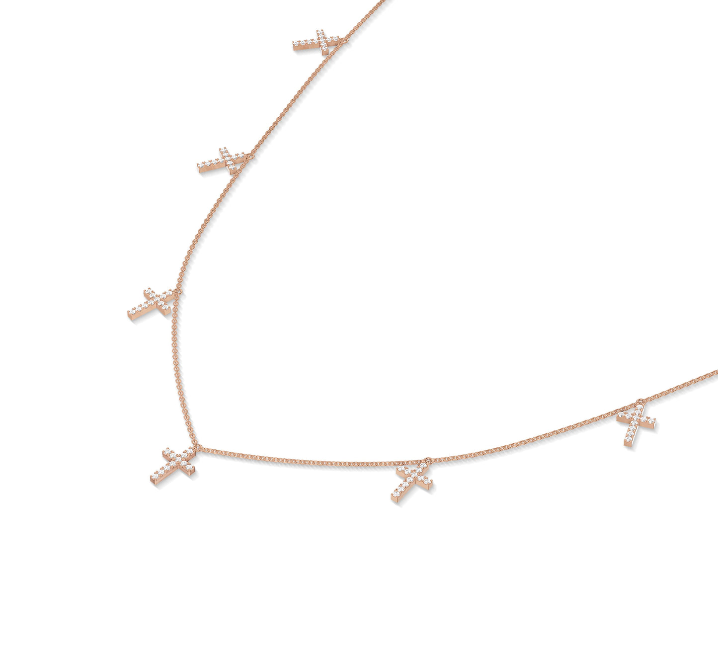 Dainty rose gold charm necklace with diamond crosses