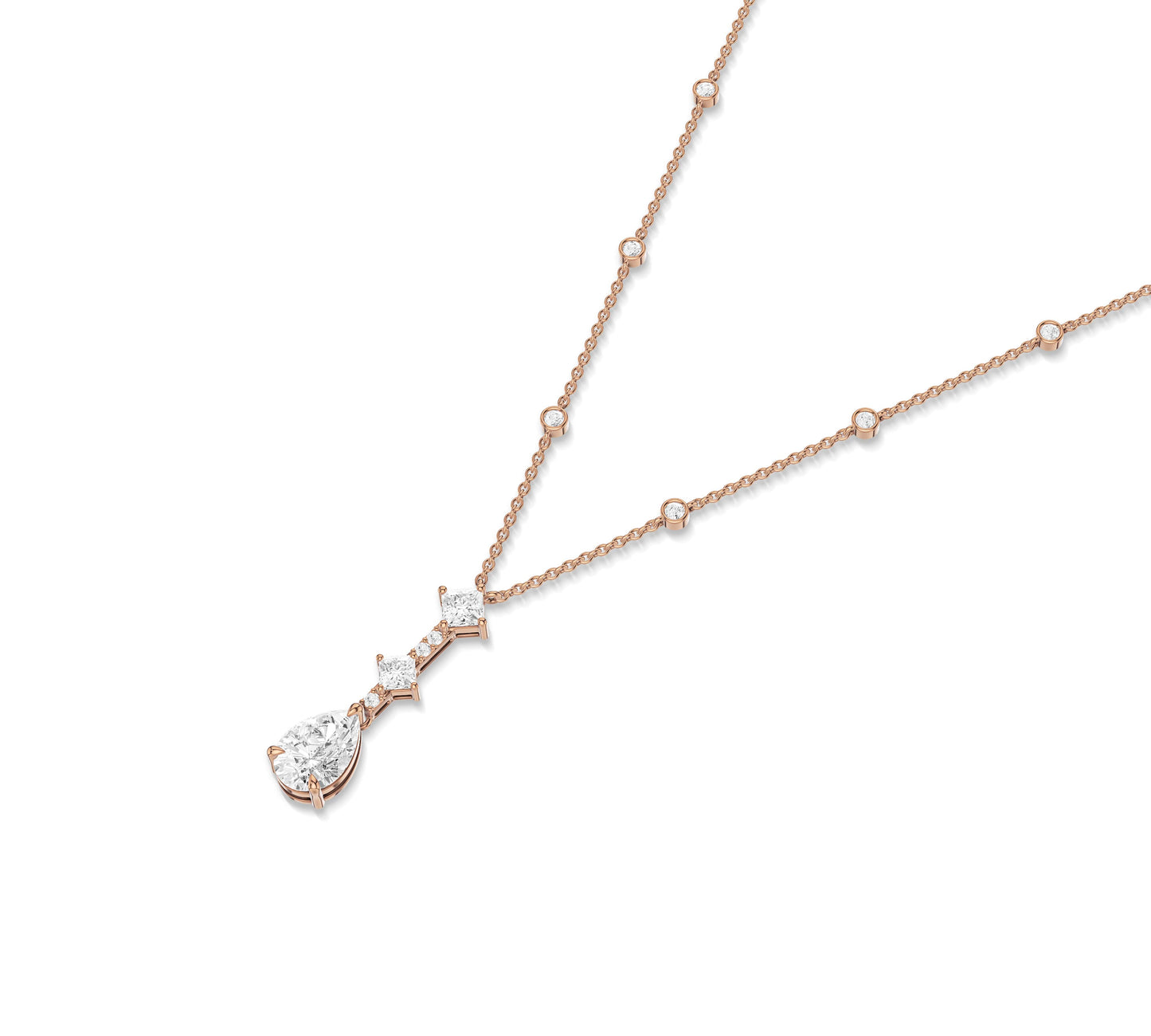 Stylish drop necklace with mixed cut diamonds