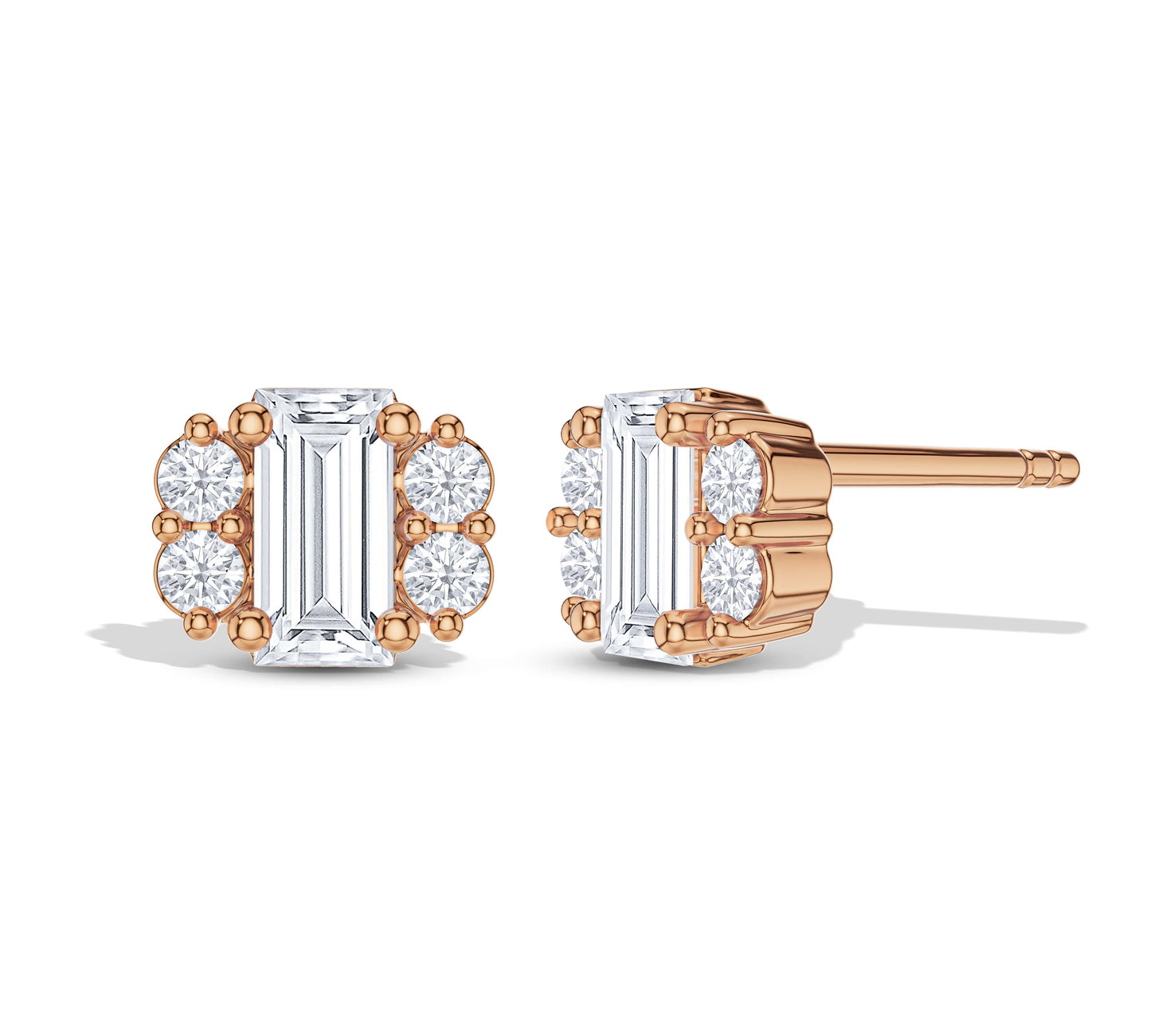 Rose gold round and baguette diamond earrings