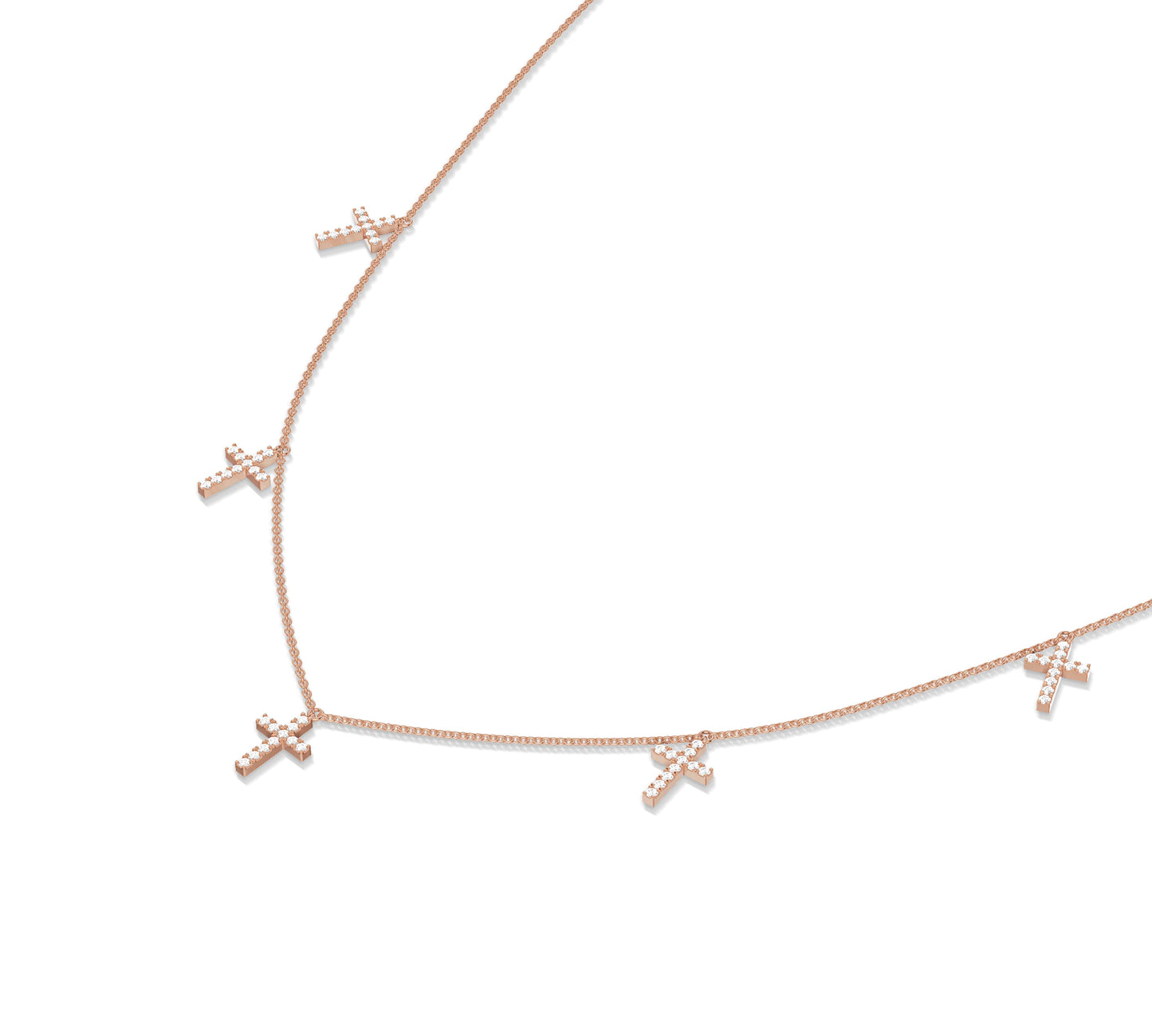 14K rose gold charm necklace with sparkling crosses