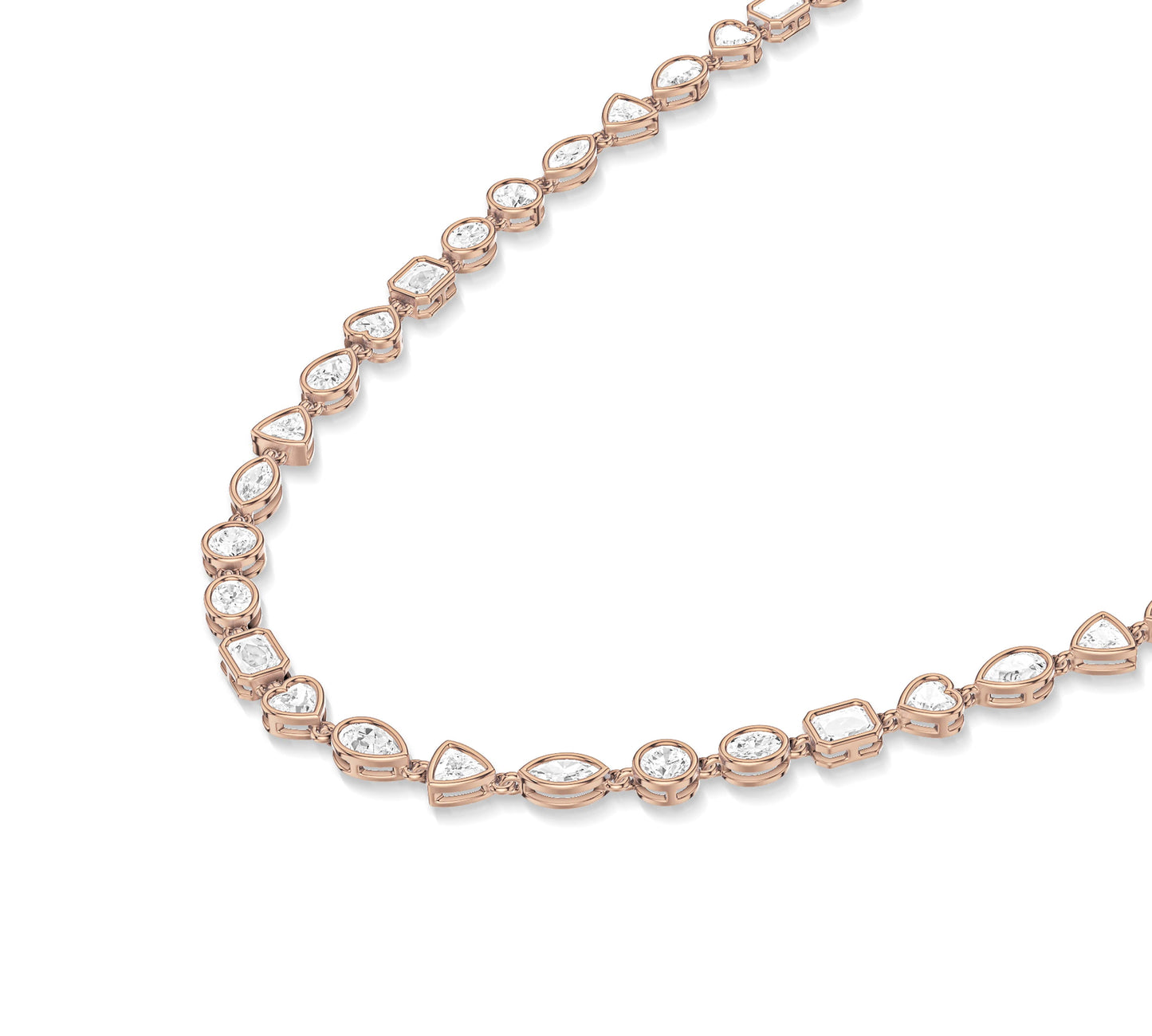 Unique gold tennis necklace with various diamond shapes