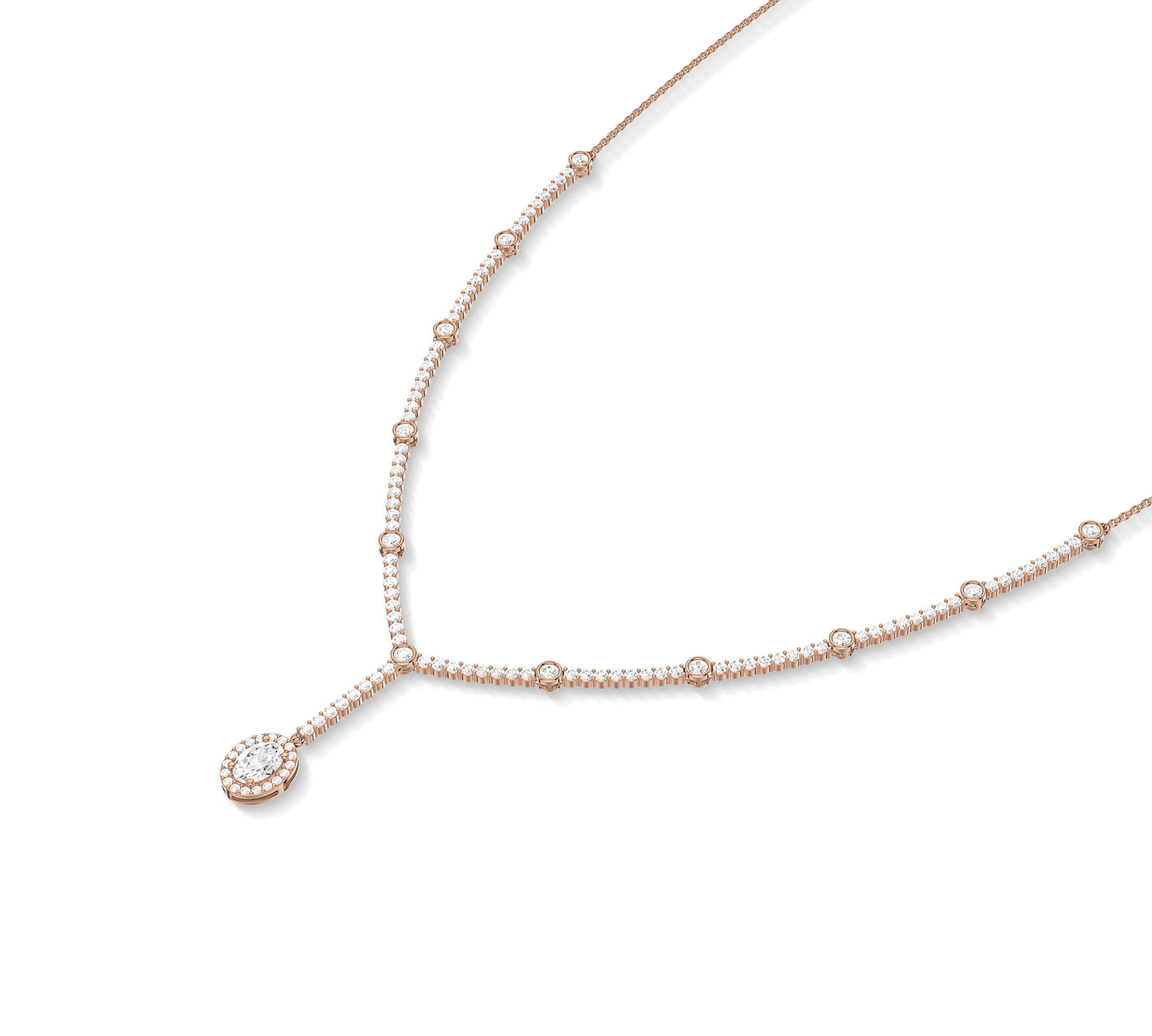 Oval drop diamond necklace with bezel set chain in yellow gold