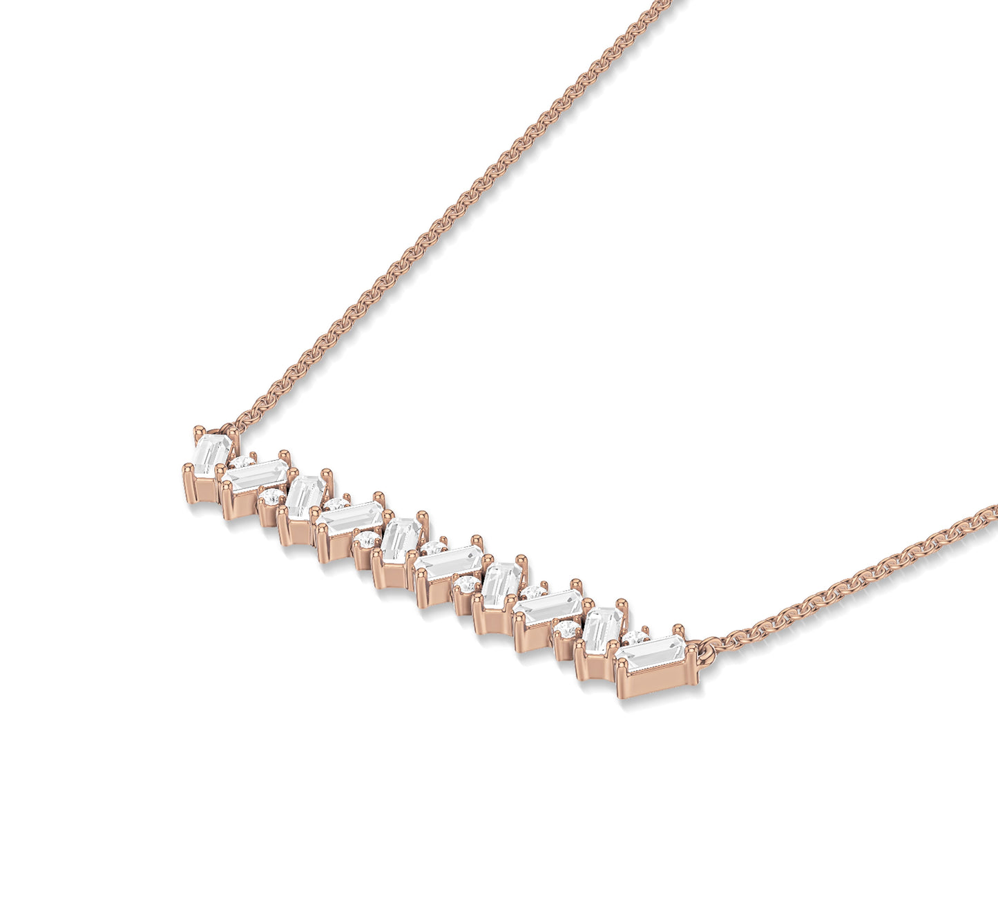 Minimalist baguette and round diamond necklace in rose gold