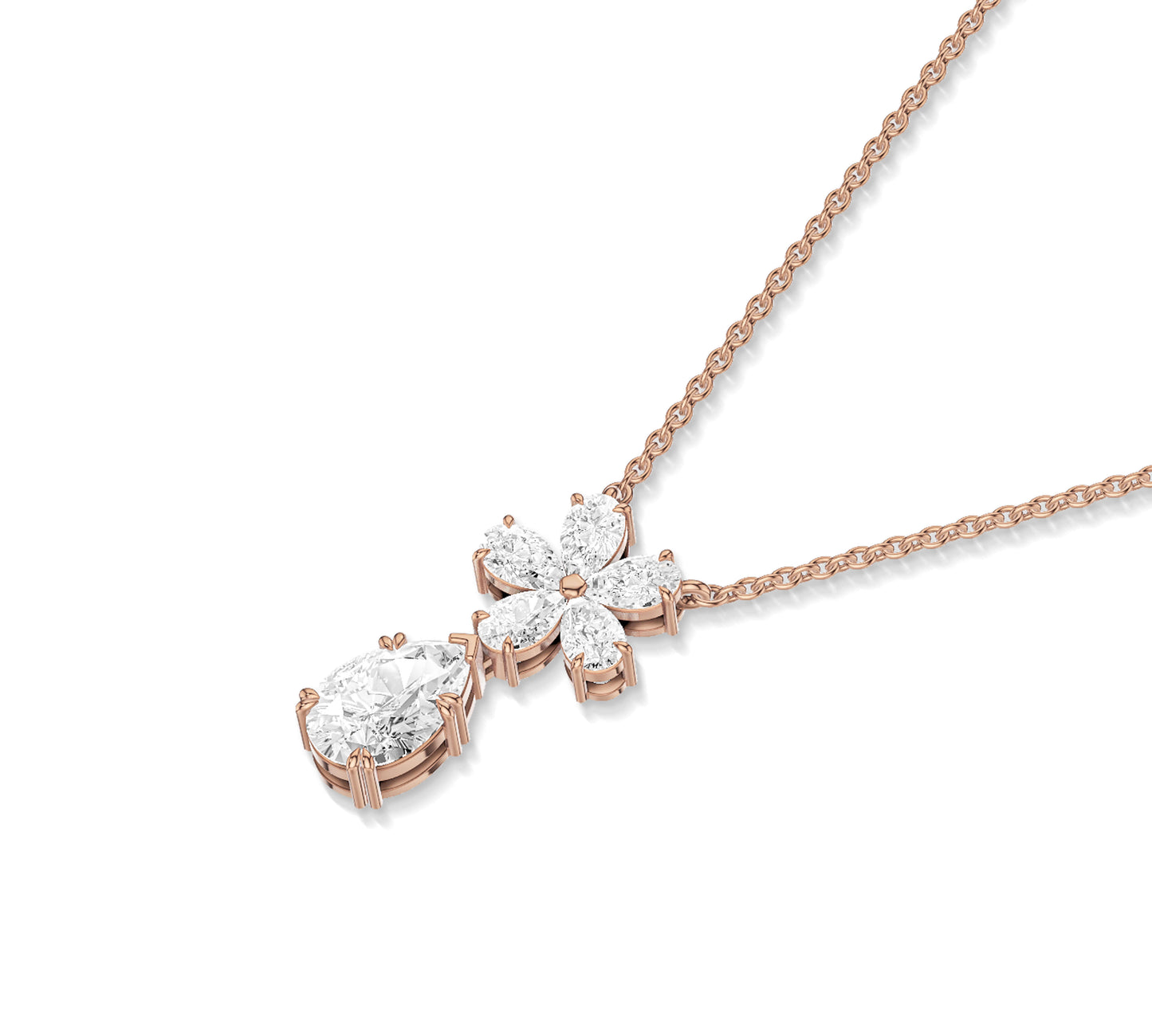 Petal shaped diamonds forming floral pendant in gold