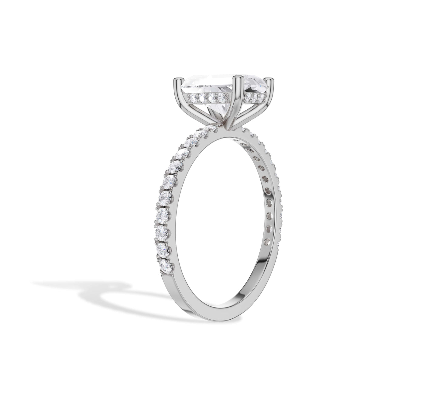 14K white gold radiant ring with hidden halo and lab diamond