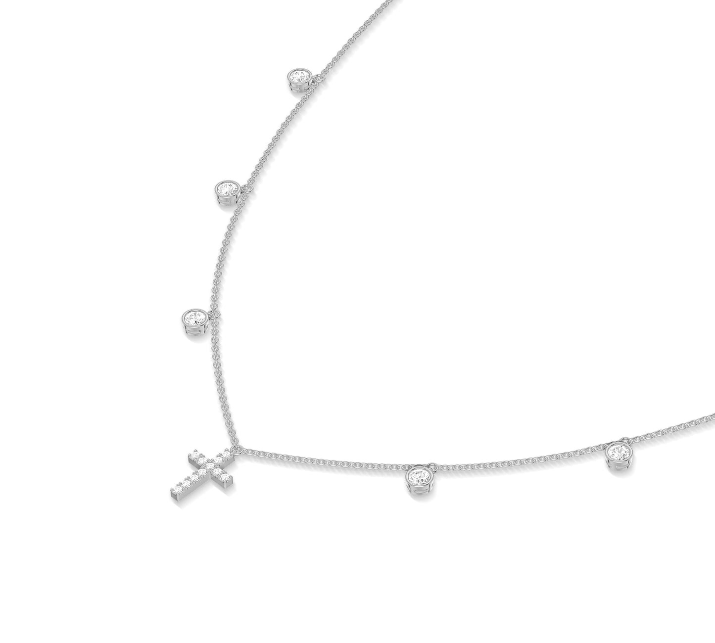14K white gold necklace with bezel stations and cross