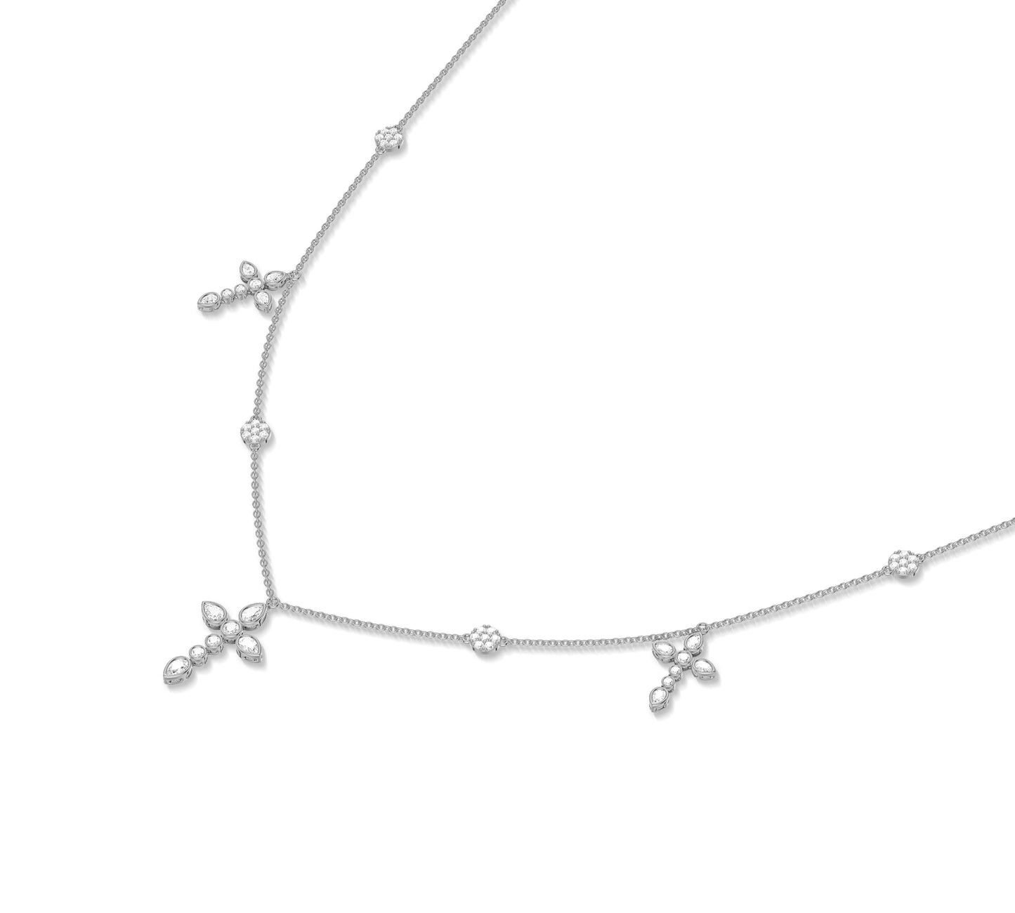 14K white gold dainty necklace with floral-inspired diamond cross