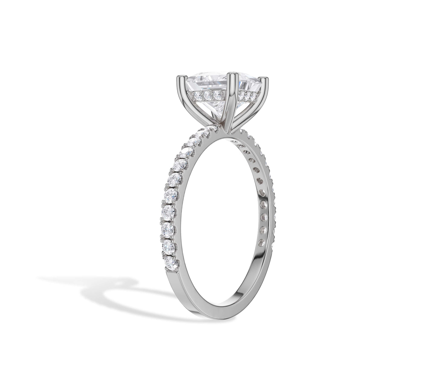 14K white gold princess solitaire with shimmering pavé