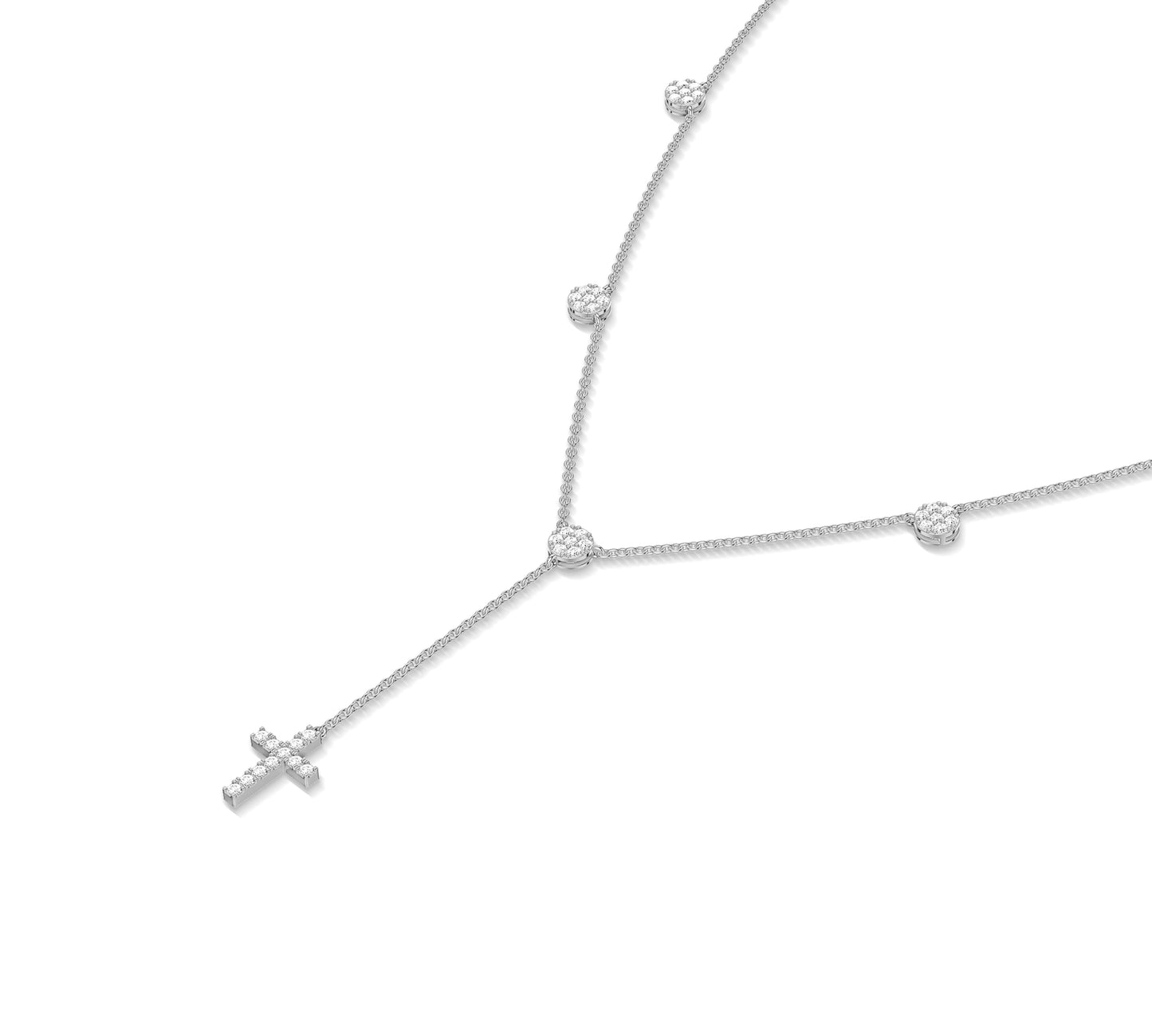14K white gold Y-drop necklace with diamonds and cross