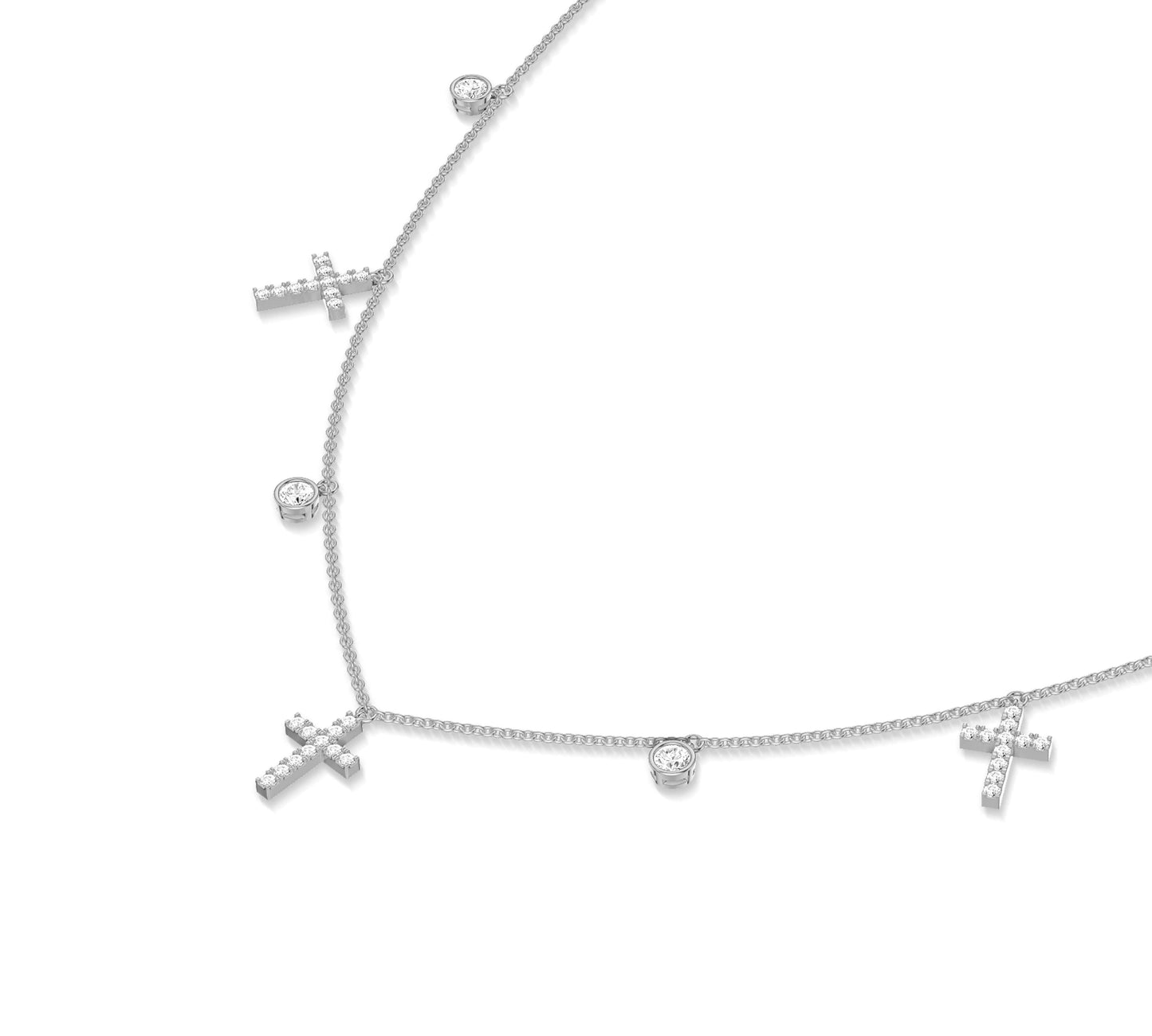 14K white gold dainty necklace with crosses and diamonds