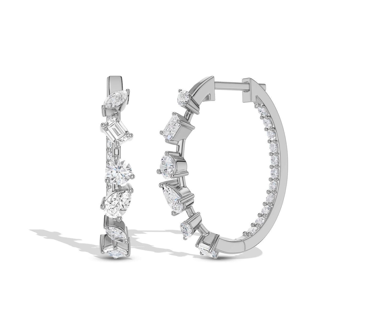 Mixed cut diamonds on large white gold hoops