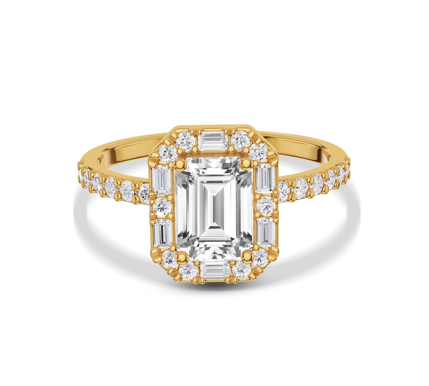 Emerald-cut diamond halo ring in 14k yellow gold