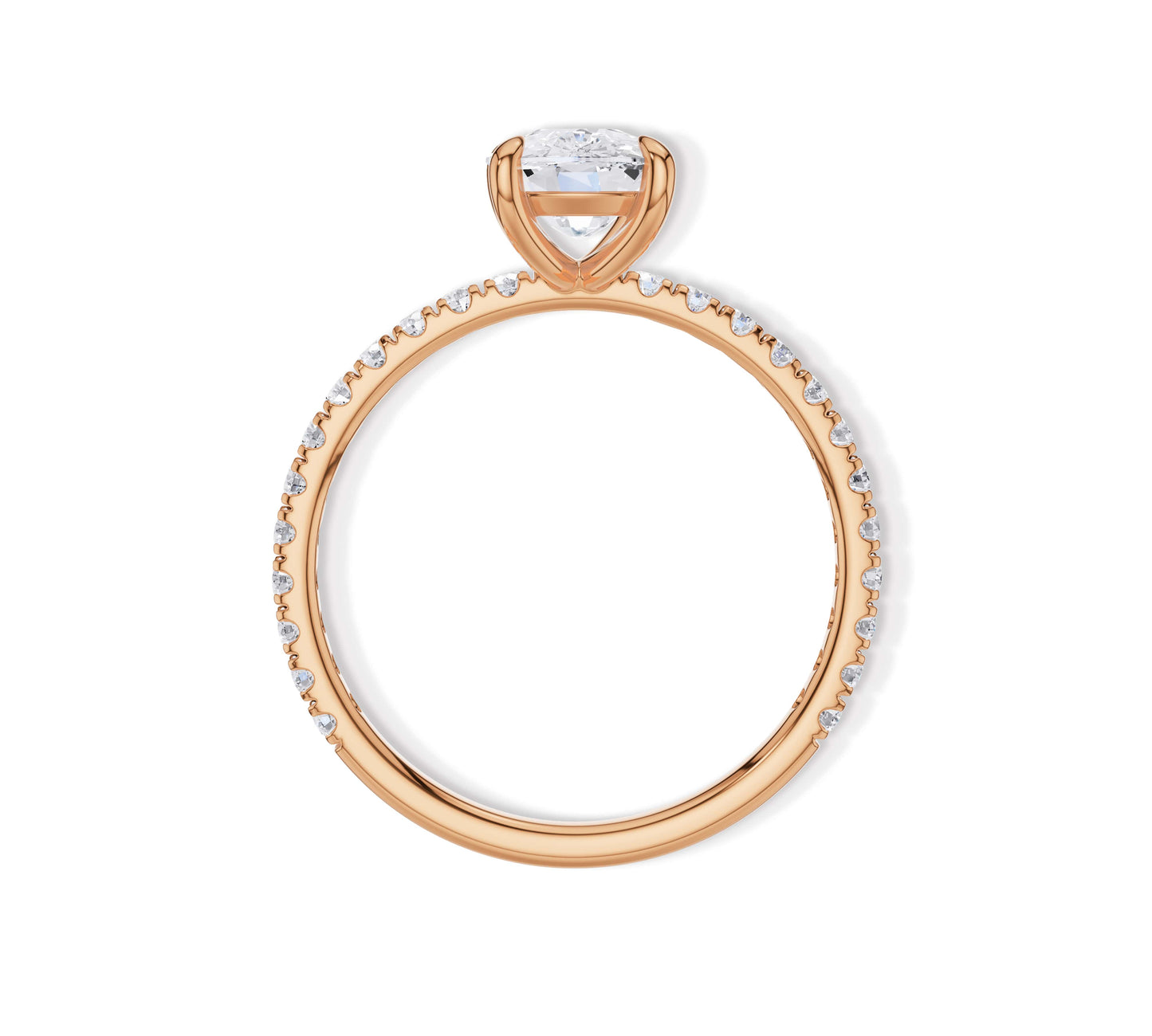 Pavé band rose gold ring with cushion shaped moissanite