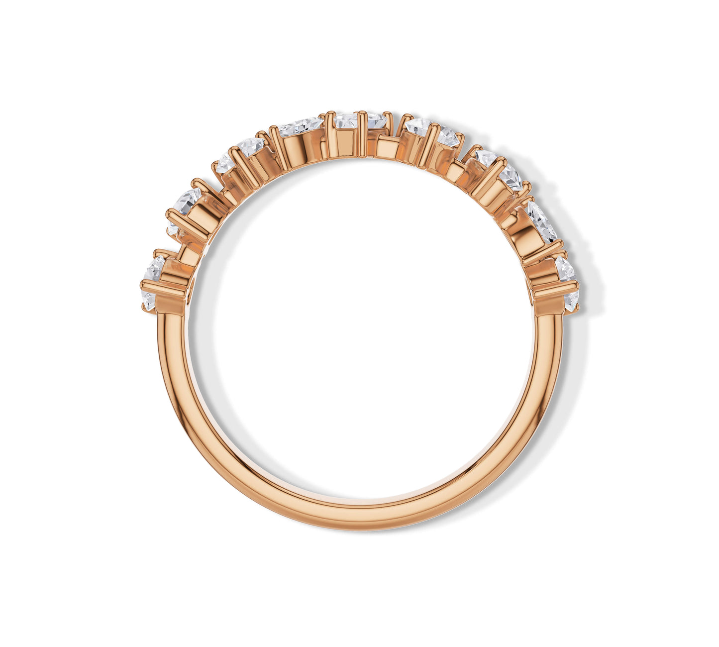 Rose gold band with assorted moissanite shapes in a unique staggered setting
