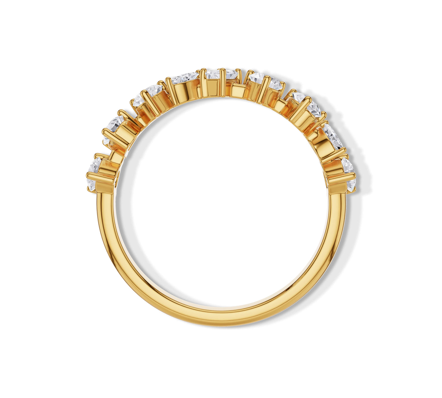 Alternating cut lab grown diamonds on a yellow gold eternity-style ring