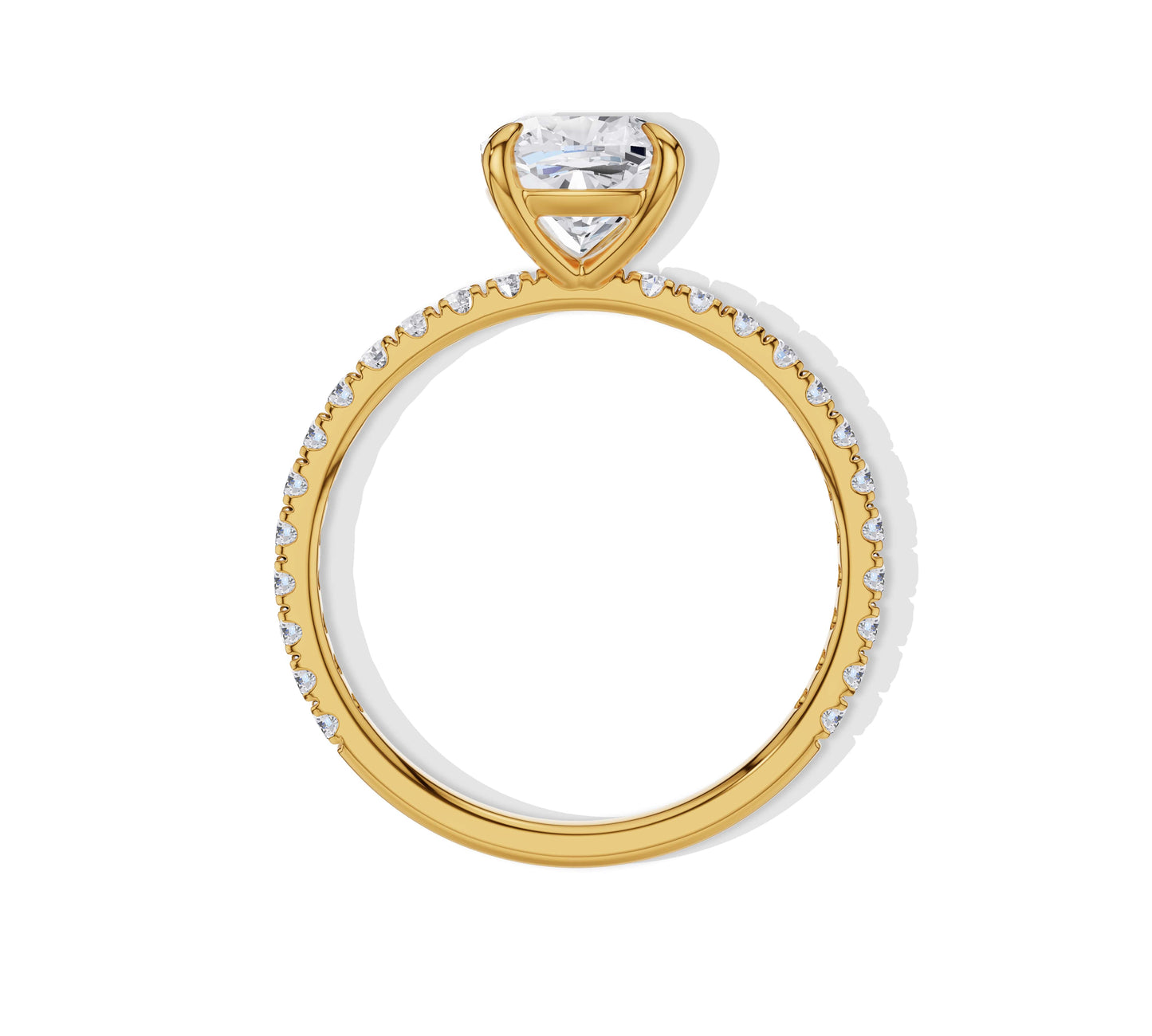 Cushion cut engagement ring with gold pavé diamonds