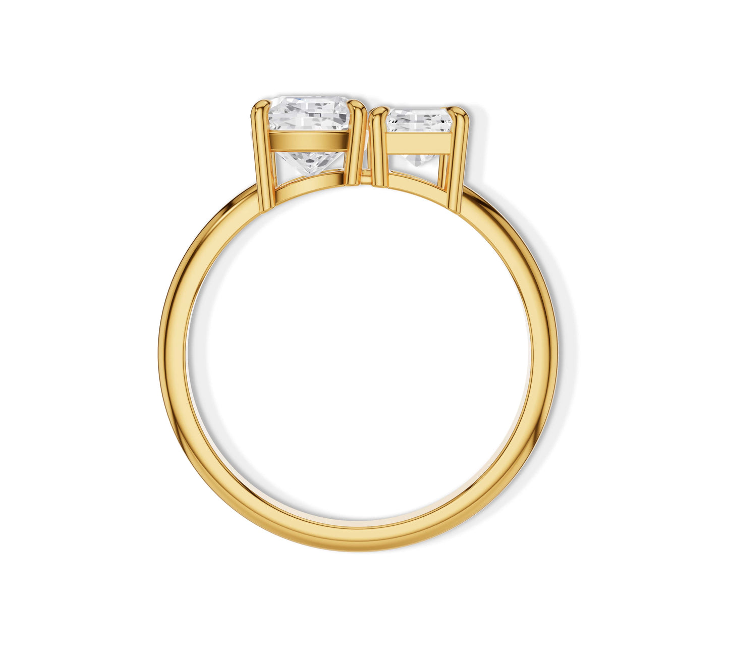 Artistic yellow gold ring featuring cushion and emerald lab stones