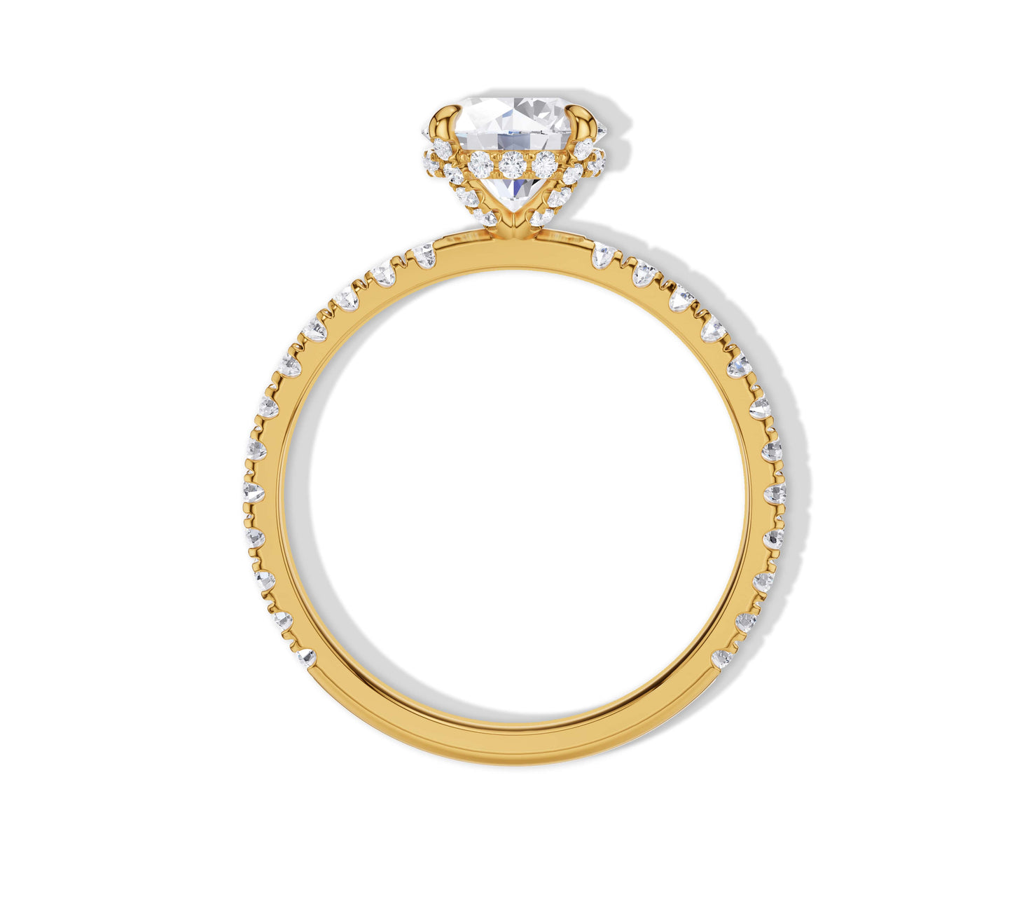 Yellow gold solitaire ring with diamond-encrusted basket