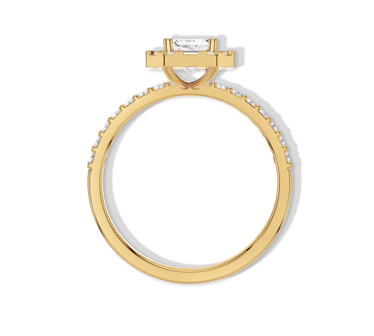 Classic emerald-cut center stone framed by brilliant diamonds
