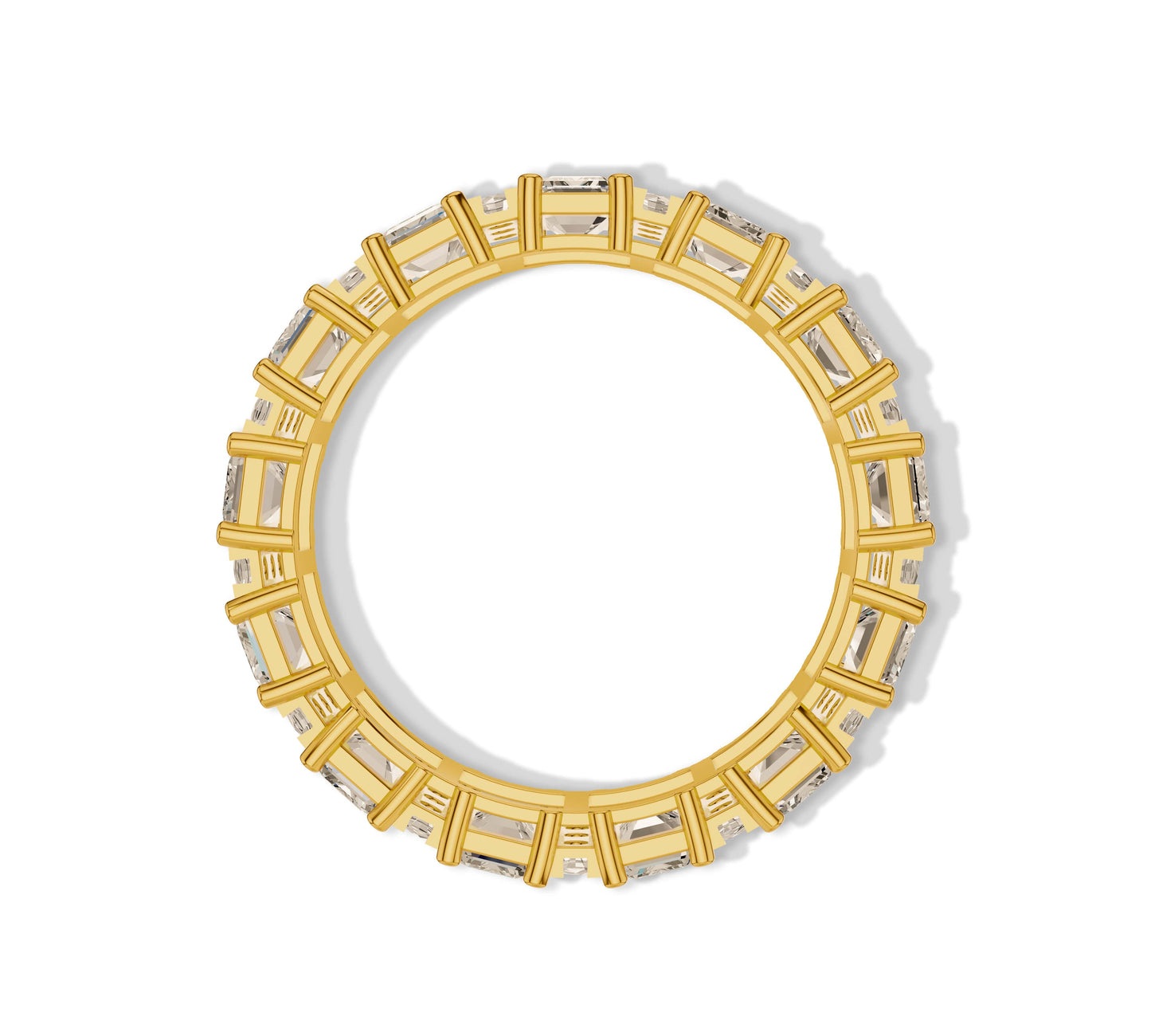 Elegant gold band with continuous emerald-cut diamonds surrounded by round accents
