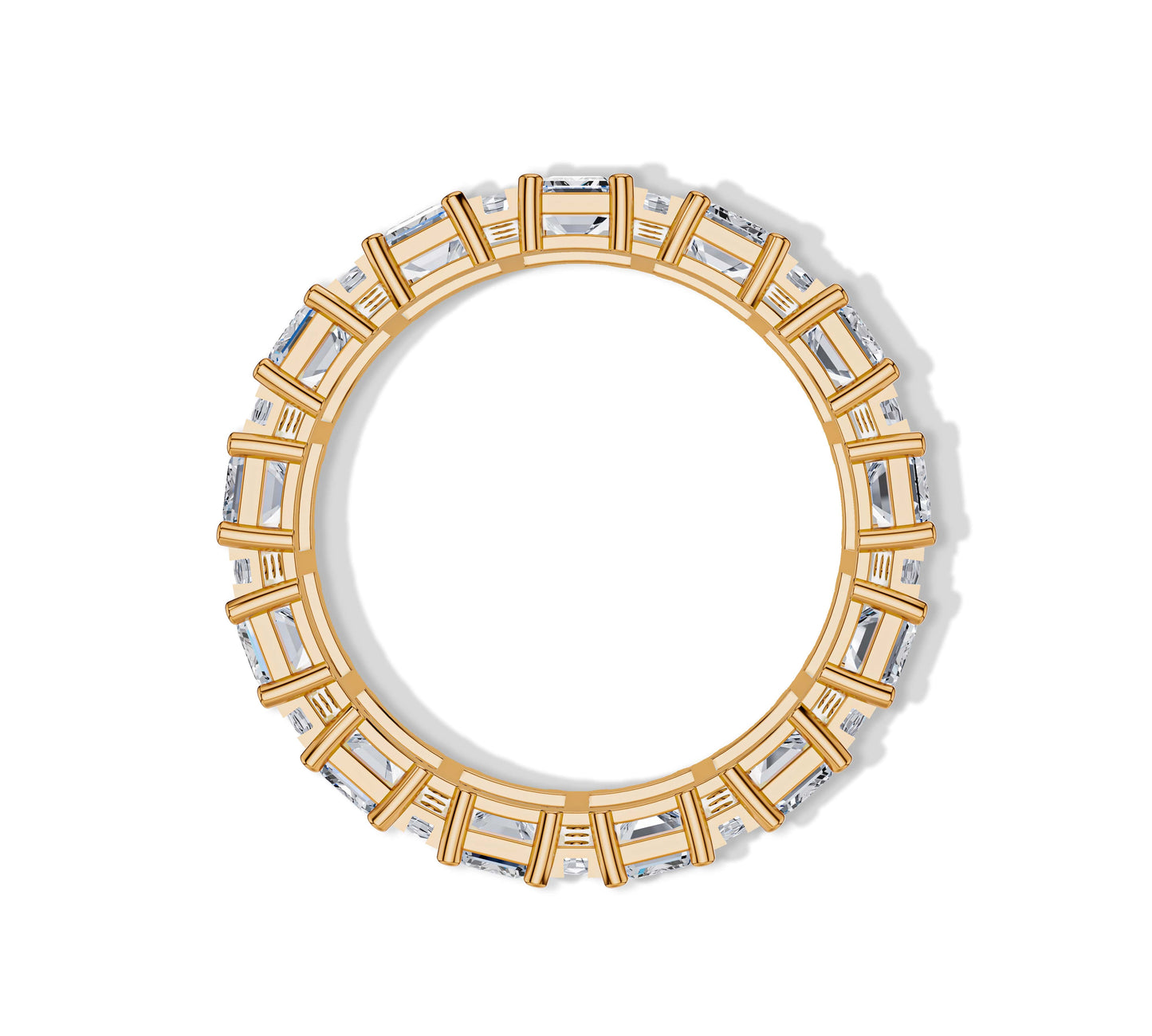 Close-up view of a dazzling diamond eternity ring in yellow gold