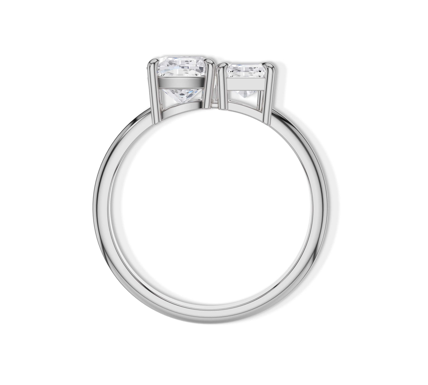 Cushion and emerald cut white gold moissanite ring