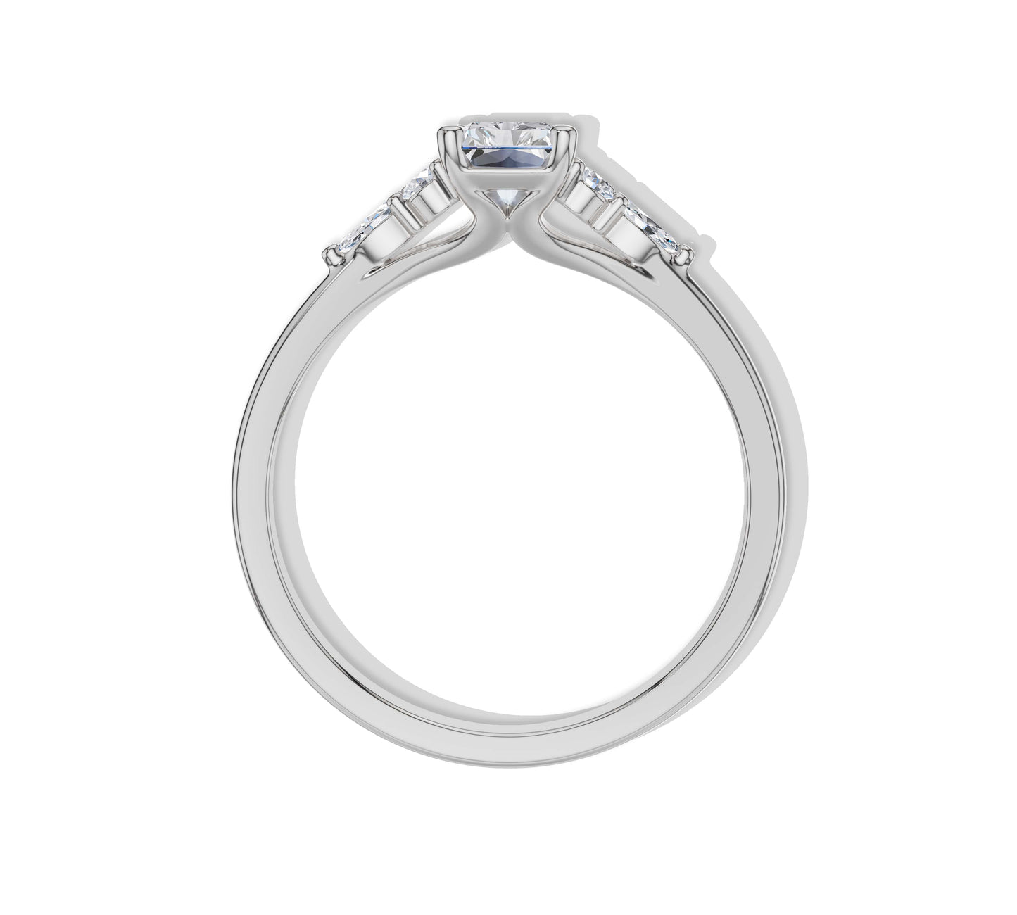 White gold radiant engagement ring with clusters