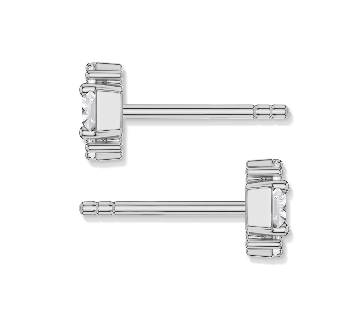 Diamond cluster studs in white gold with baguette accents
