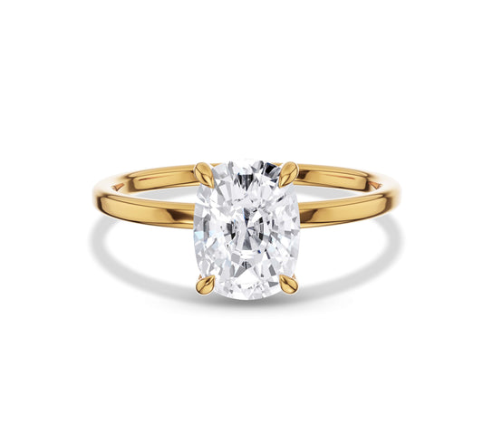 Yellow gold cushion cut solitaire moissanite engagement rin
