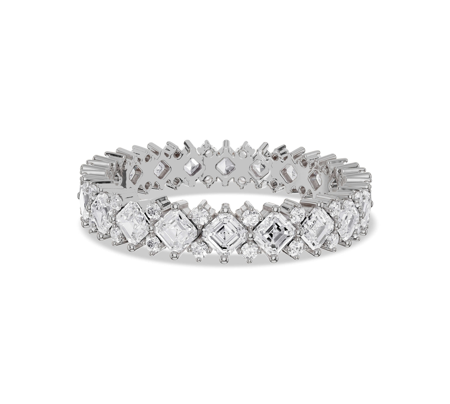 Close-up of Asscher diamond eternity band